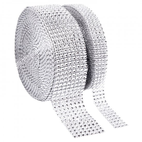 1 Roll 8 Row 10 Yard and 1 Roll 4 Row 10 Yard Acrylic Rhinestone Diamond Ribbon for Wedding Cakes, Birthday Decorations, Baby Shower Events ,Party Supplies, Arts and Crafts Projects (2 rolls Silver) - Click Image to Close