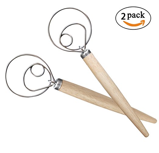 Acerich Pack of 2 Danish Dough Whisk, 13 Inch Stainless Steel & Wooden Hand Whisk / Mixer by Acerich